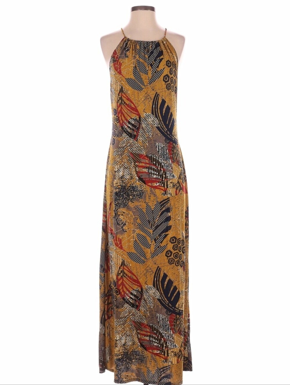 Olivia Matthews Mustard Leaf-Print Halter Maxi Dress with Navy & Rust Accents